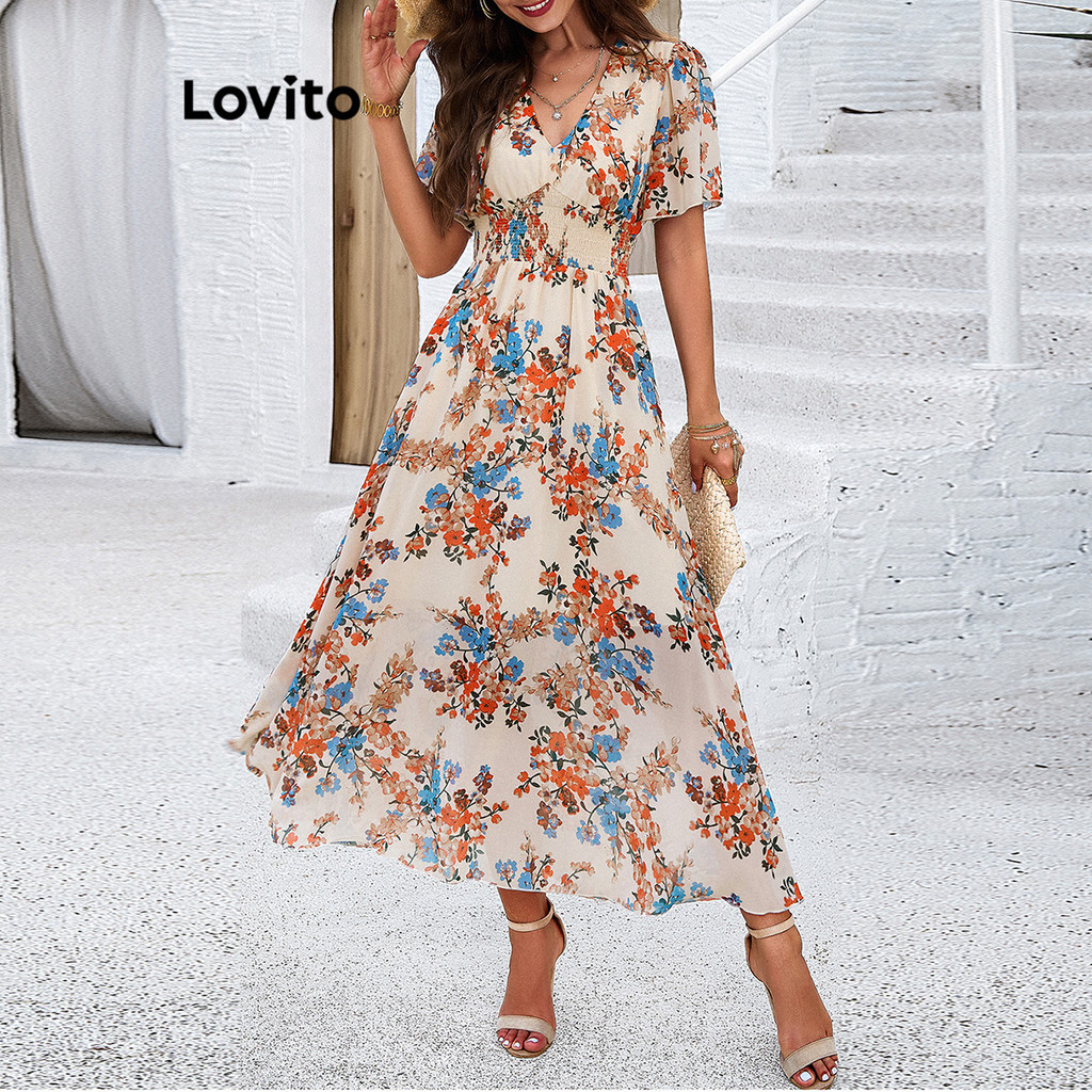 Lovito Vestido Boho Ditsy Floral Com Bata Para Mulheres LNL72381