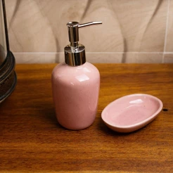 Conjunto 2 Peças para Banheiro Dots Cerâmica Rosa Wolff com Dispenser Porta Sabonete Organização Lavabo Elegante Prático