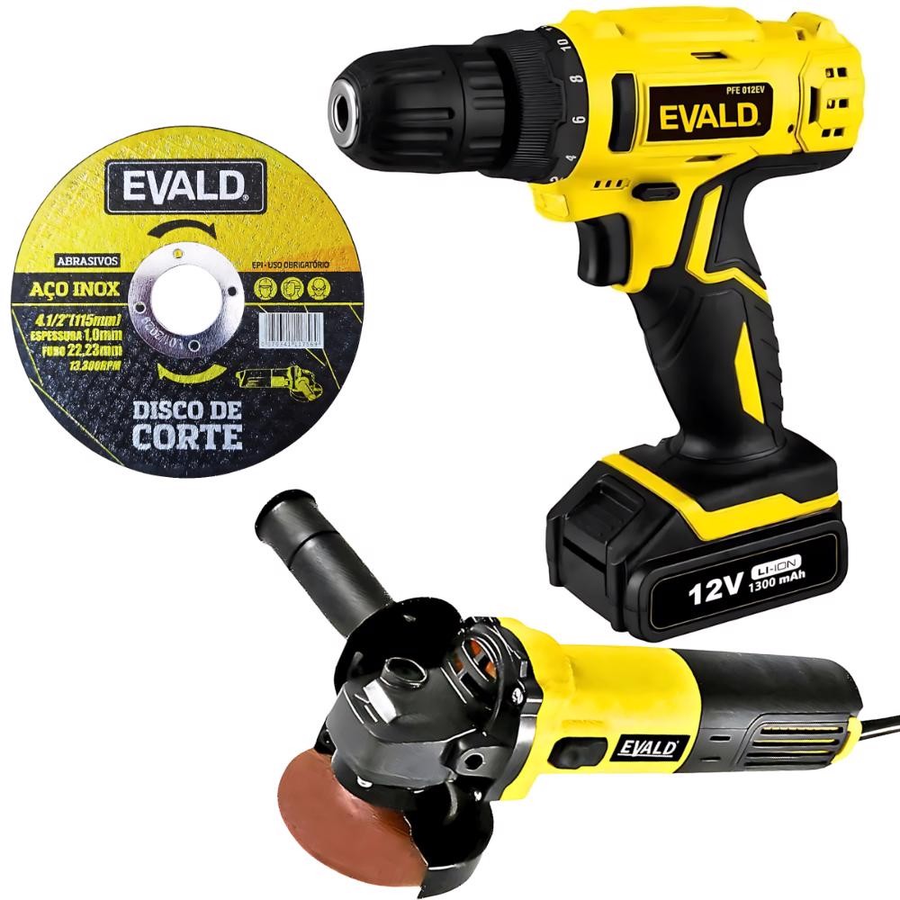 Parafusadeira e Furadeira 12V Bivolt + Esmerilhadeira Angular e 1 Disco de Corte 4.1/2 POL EVALD - Home & Living
