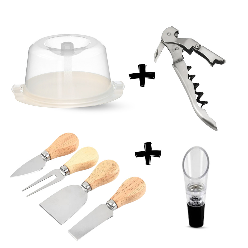 Kit Queijo e Vinho: Queijeira com Tampa Plástica, Utensílios de Bambu, Saca Rolhas e Bico Dosador