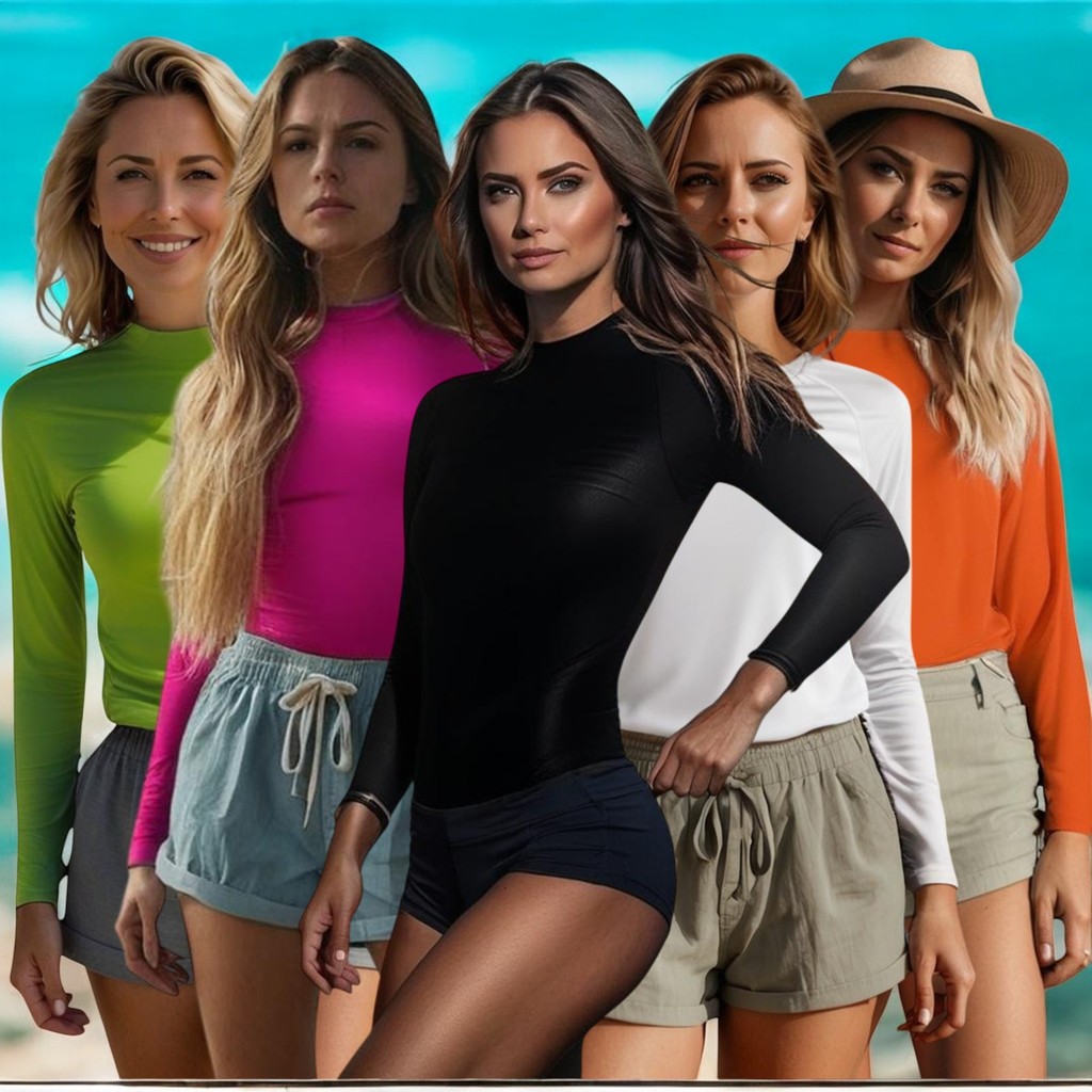 Kit c/5 Camisetas PROTEÇÃO SOLAR UV50+ FEMININA ML Térmica Academia Corrida Yoga PLT 1023