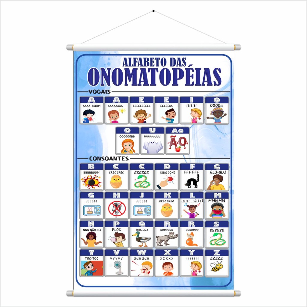 Banner Material de Apoio Pedagógico Ilustrado Alfabeto das Onomatopeias Português - 40 cm x 60 cm em Oferta na Shopee