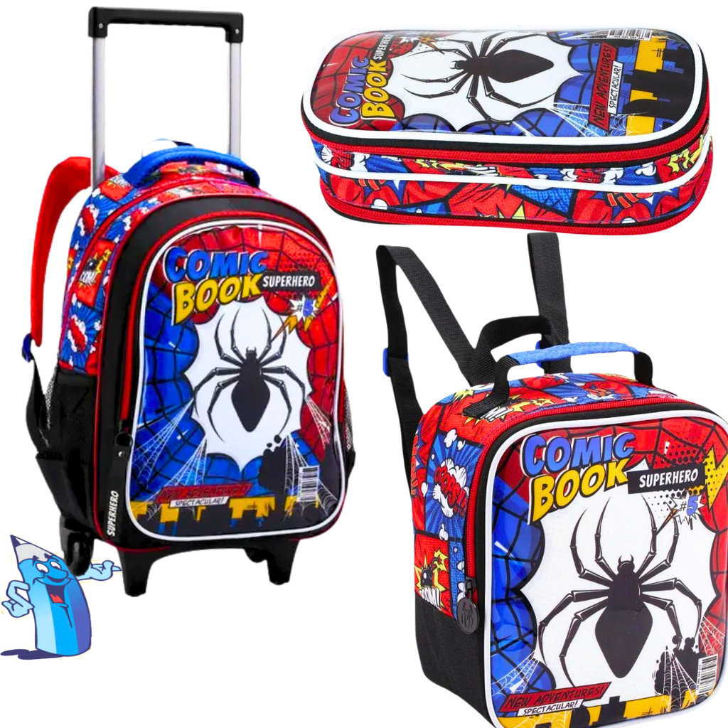 KIT MOCHILA DE RODINHA HOMEM ARANHA COM LANCHEIRA E ESTOJO INFANTIL ESCOLAR-TIPO GIBI- COMIC BOOK VERMELHA DENLEX DL1823