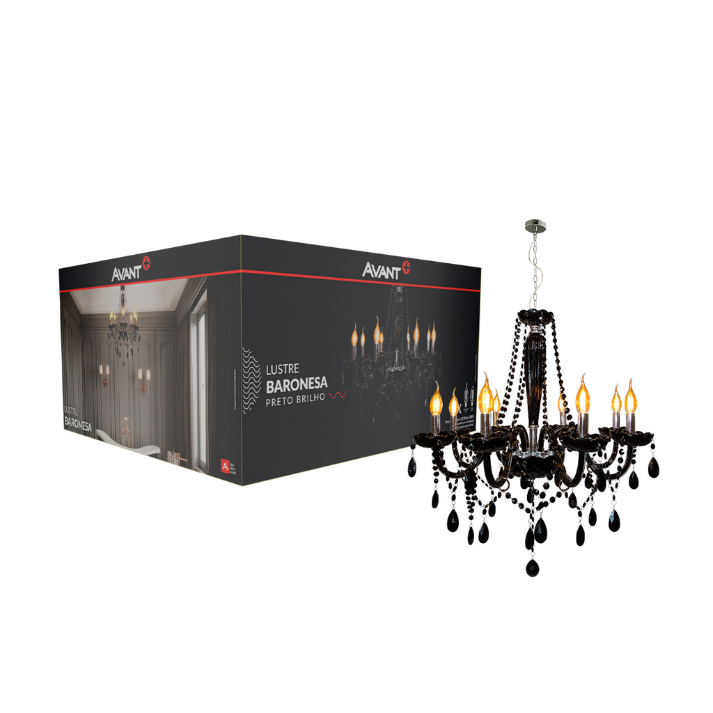 Lustre Luminaria led Baronesa 8xE14 Preto Brilho Cod: 785100074 Avant em Oferta na Shopee