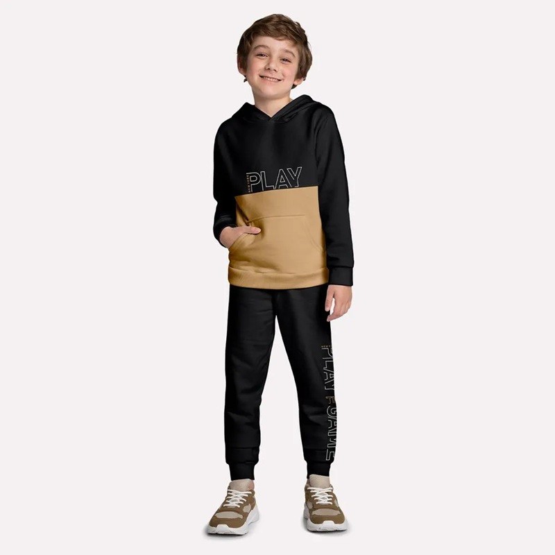 Conjunto Infantil de Frio Kyly Menino Blusa Moletom e Calça Moletom Preto Play Roupa de Frio Kyly