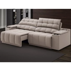 Sofá com Porta Copos Carregador USB Ret Rec Samurai 2,00m Velosuede Bege - NETSOFAS