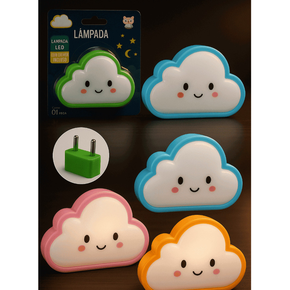 Kit 4 Abajur Luz Para Quarto Bebê Tomada Infantil Bivolt Luminária Led Abajur de Tomada Luminária Infantil formato Nuvem