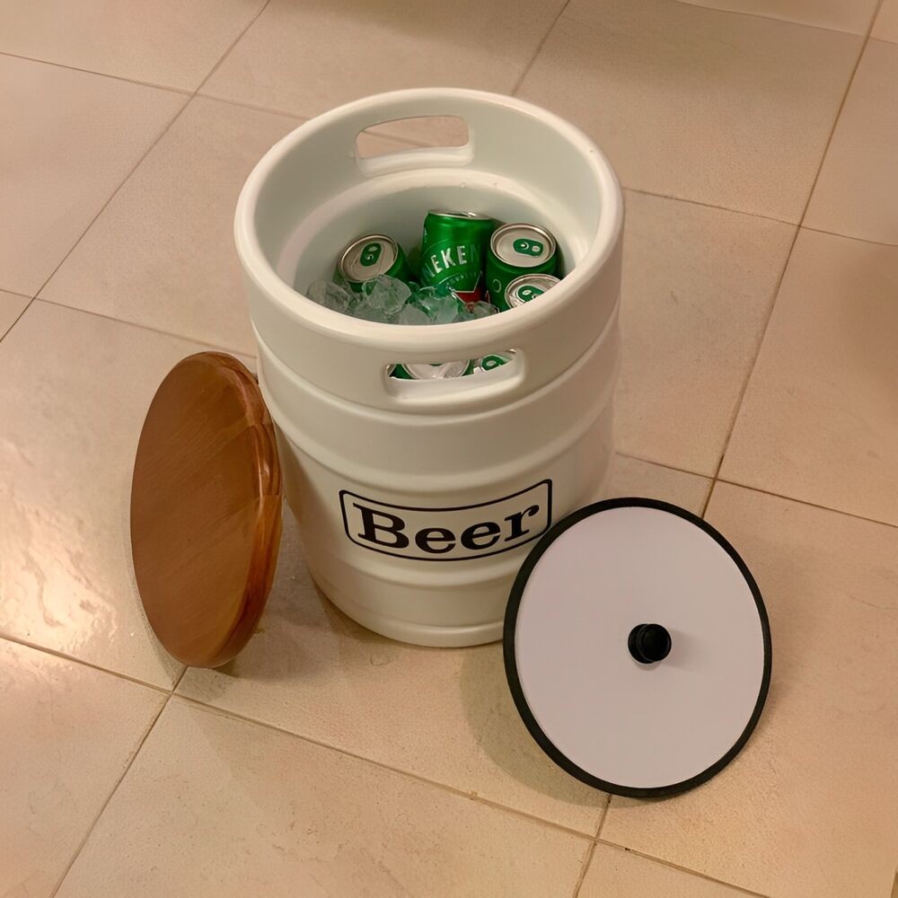 Banco Cooler Decorativo 28L 🍺 Barril para Bebidas com Tampo de Madeira Branco