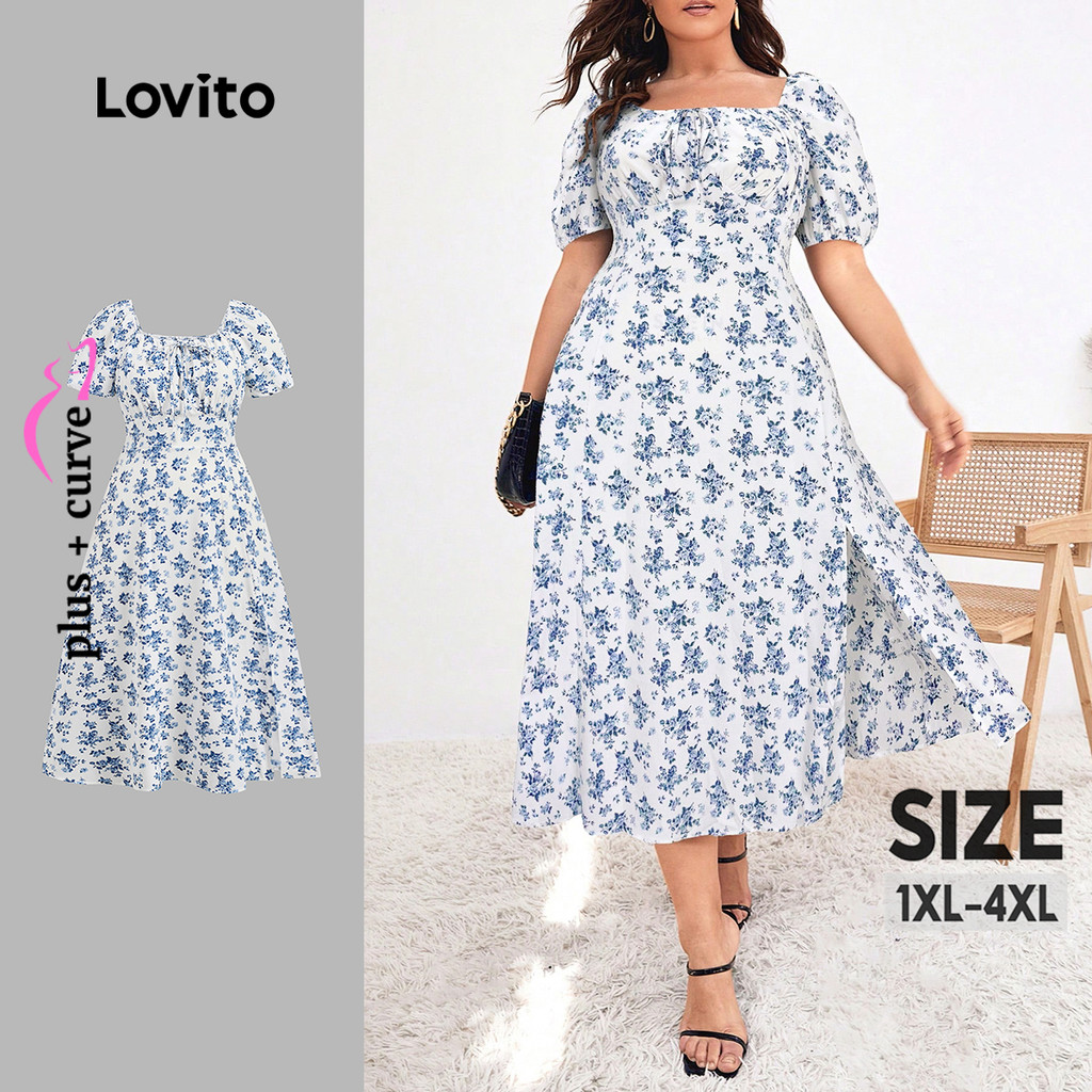 Lovito Vestido Plus Size curva elegante Ditsy Floral com cadarço para mulheres LBL24309 - Women Clothes