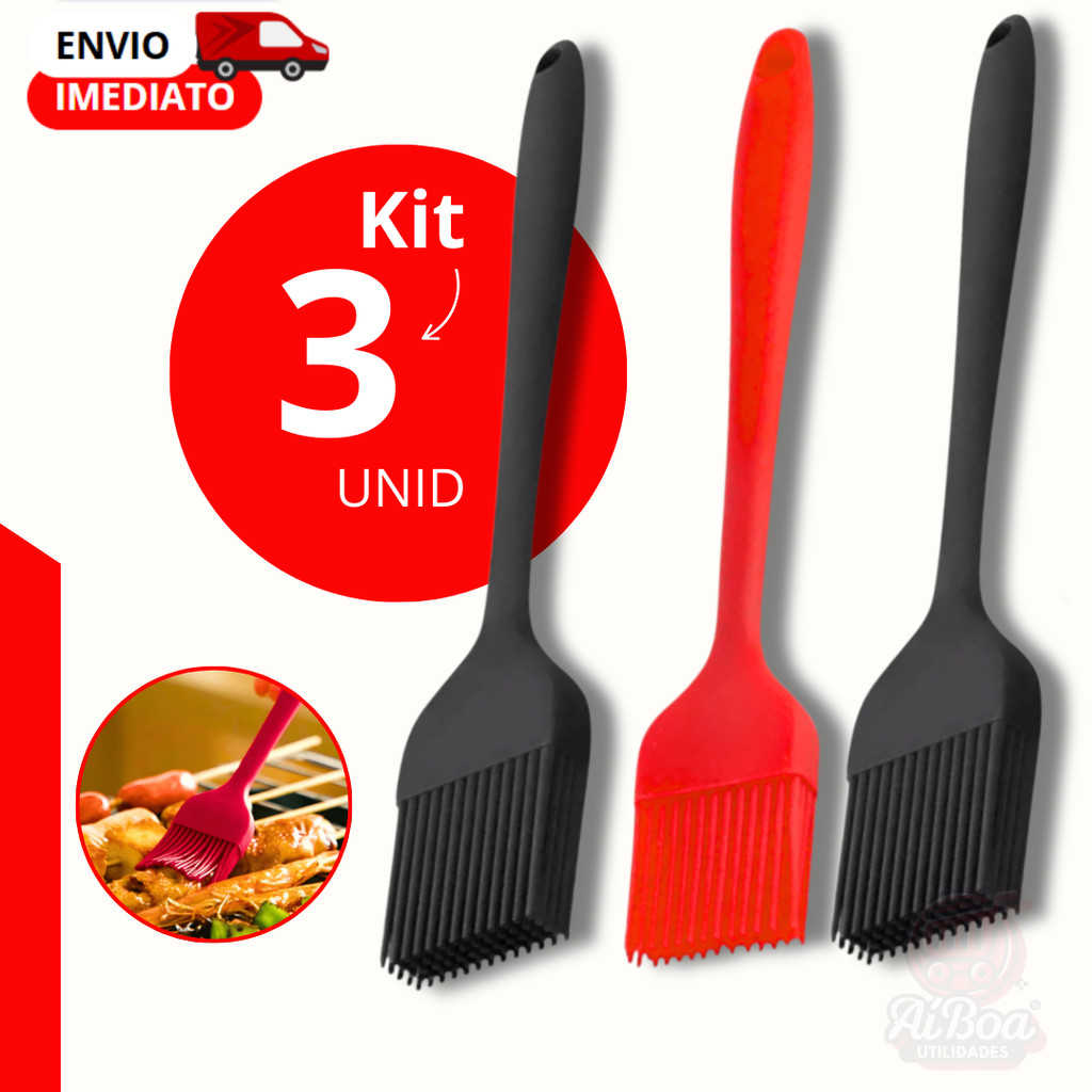 Kit 3, 2 ou 1 unid - Pincel de Silicone Culinário Resistente ao Calor para Cozinha – Ideal para Untar e Grelhar