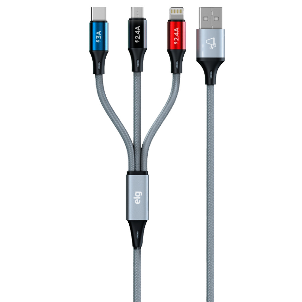 Cabo 3 em 1 Lightning/Tipo-C/Micro USB Carga ágil 15W 3A Nylon Trançado 1,2 metros Cinza CS-31CZ ELG