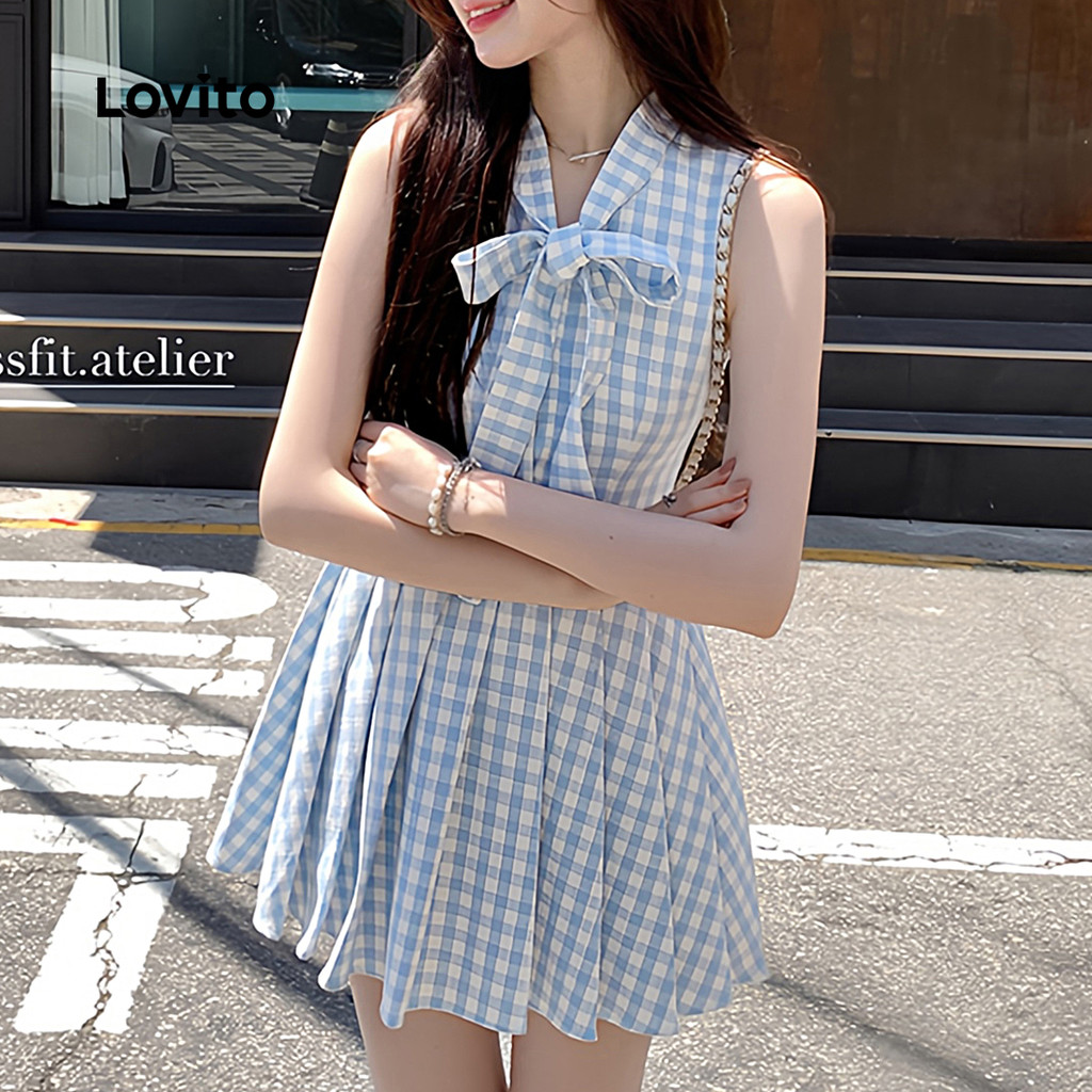 (Trendy) Lovito Vestido Casual de guingão drapeado com laço e laço para mulheres L133AD513 - Women Clothes
