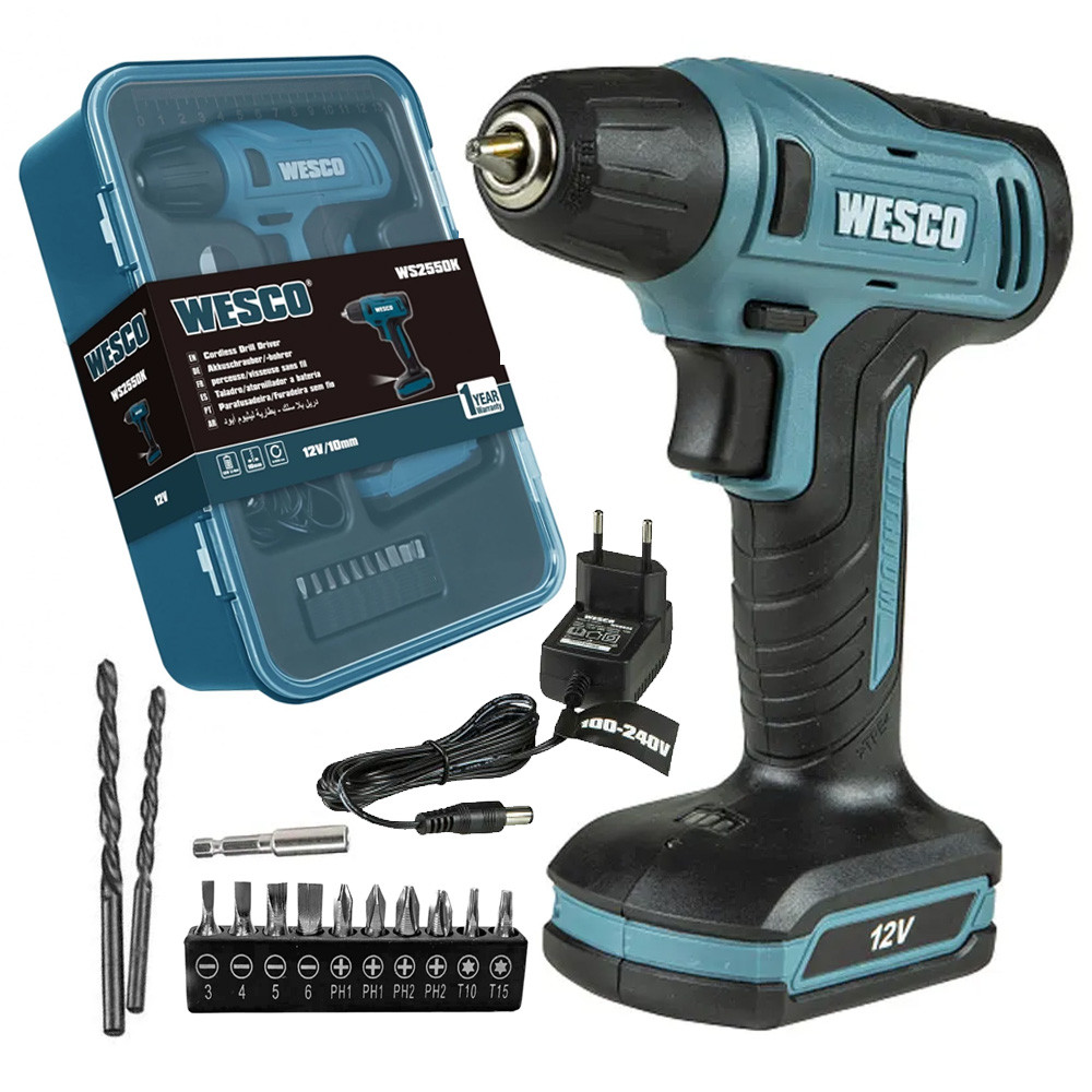 Parafusadeira Furadeira a Bateria Sem Fio 12V Acompanha Maleta + 13 Acessórios Wesco - Home & Living