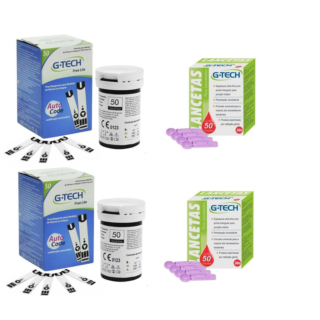 Tiras Fita Lancetas De Glicemia Lite Para Medidores de Glicose Gtech Lite 100 Fitas + 100 Lancetas