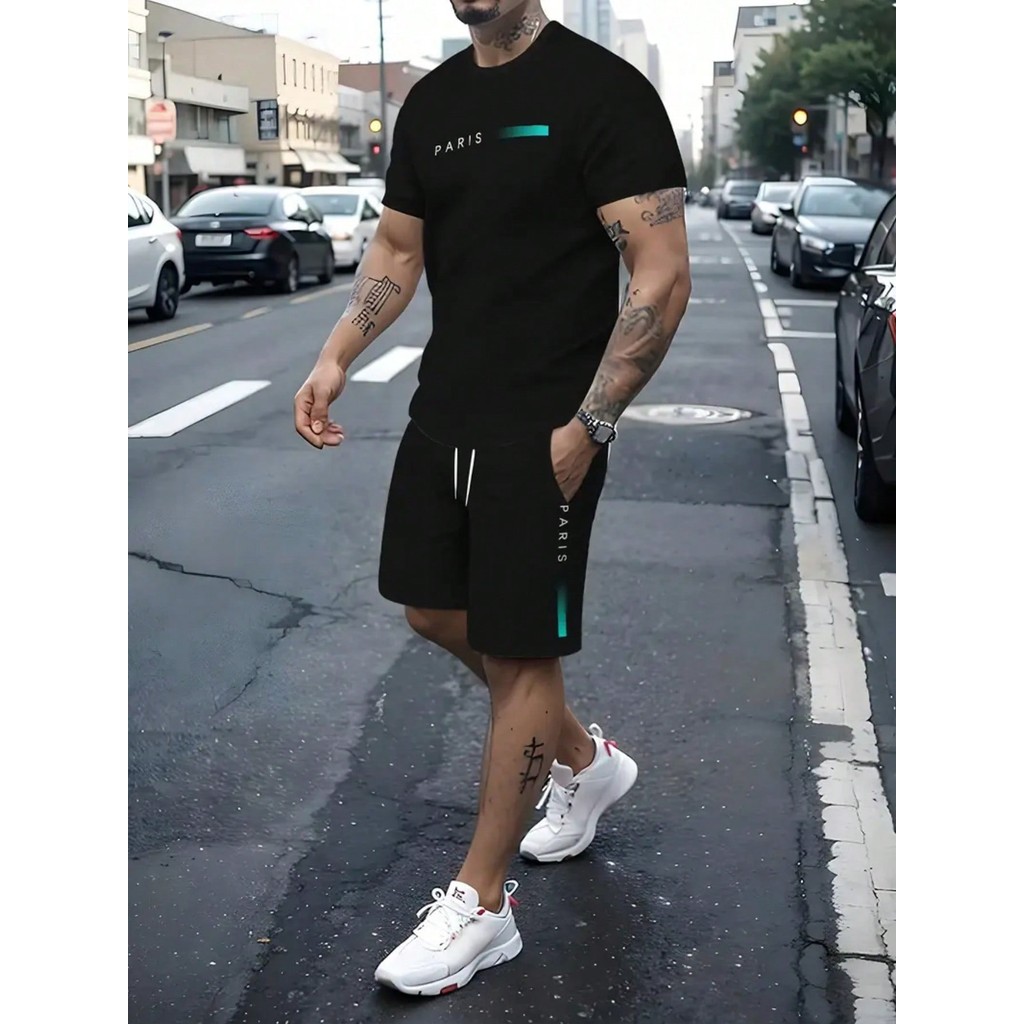 Conjunto Masculino Paris com detalhe verde Camiseta 100% Algodão + Short Tactel Moda Masculina Streetwear