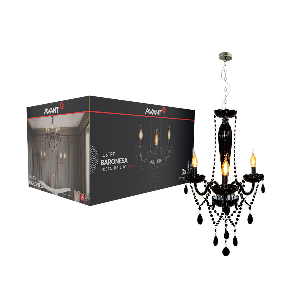 Lustre Luminaria led Baronesa 3xE14 Preto Brilho Cod: 785040073 Avant em Oferta na Shopee
