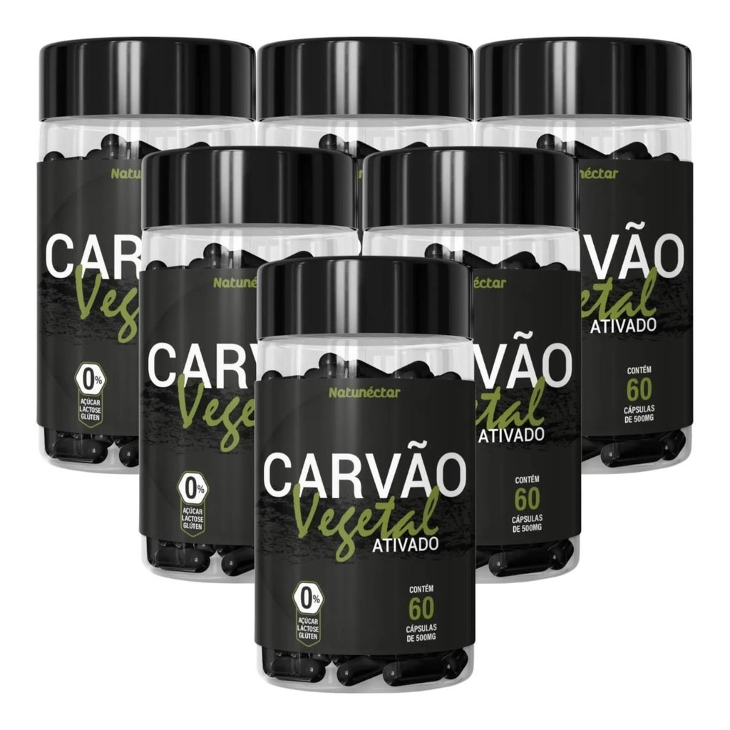 Carvão Vegetal Ativado Natunéctar 6 Potes 60 Cápsulas Cada