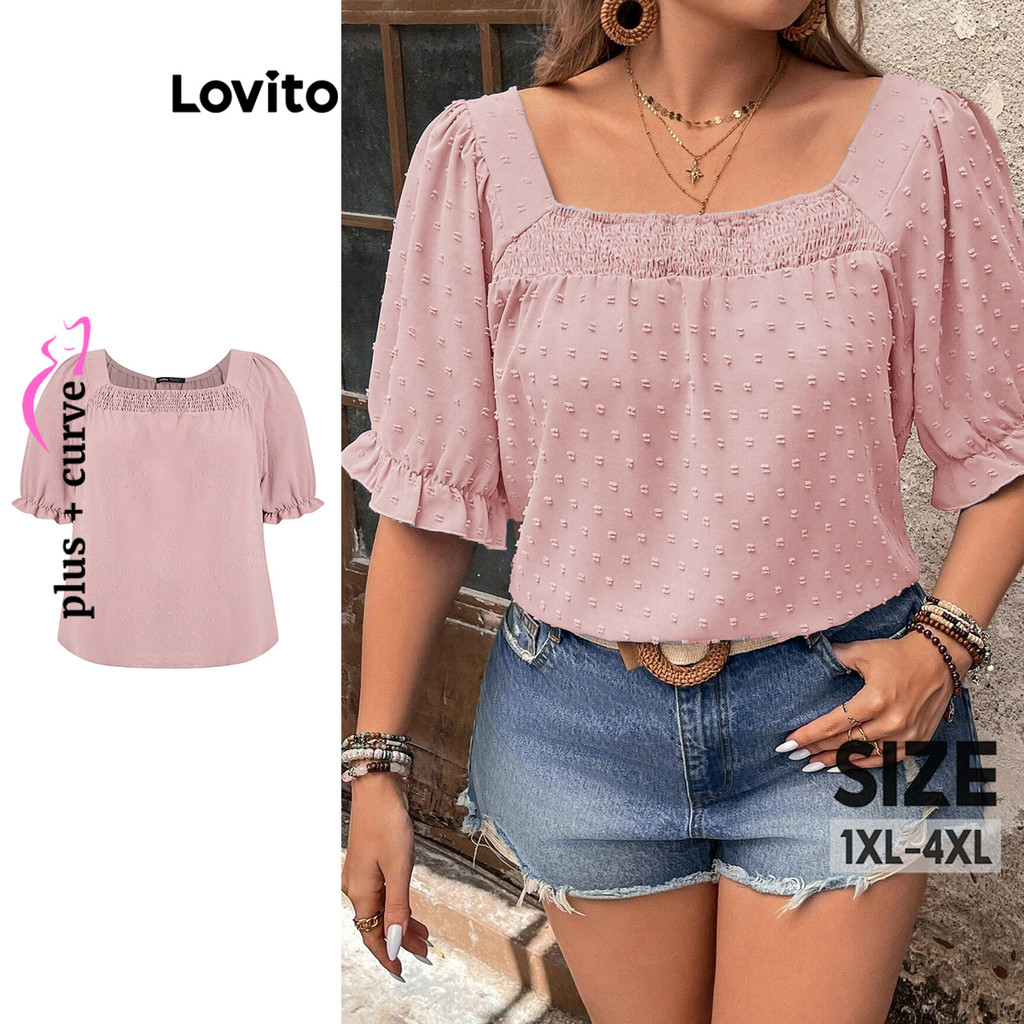 Lovito Blusa Curva Plus Size Casual Blusa Jacquard Com Bolinhas Para Mulheres LBL16550 - Women Clothes