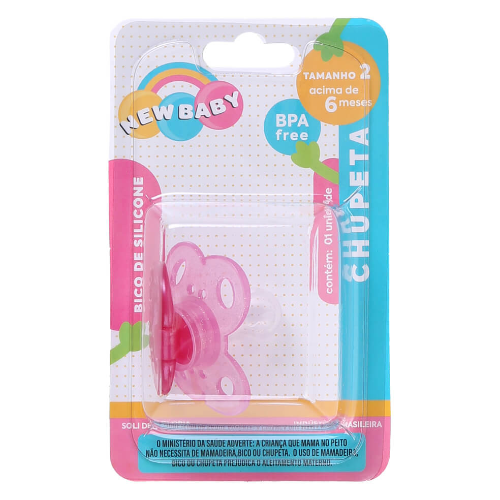 Chupeta New Baby Glitter Silicone Fase 2 Bico Redondo em Oferta na Shopee