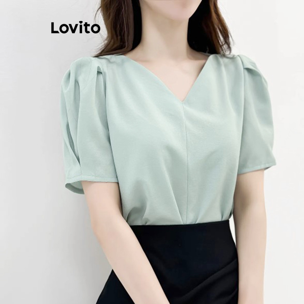 Detalhes do (Trendy) Lovito Blusa Elegante Blusa Lisa Franzida Para Mulheres L113MD593