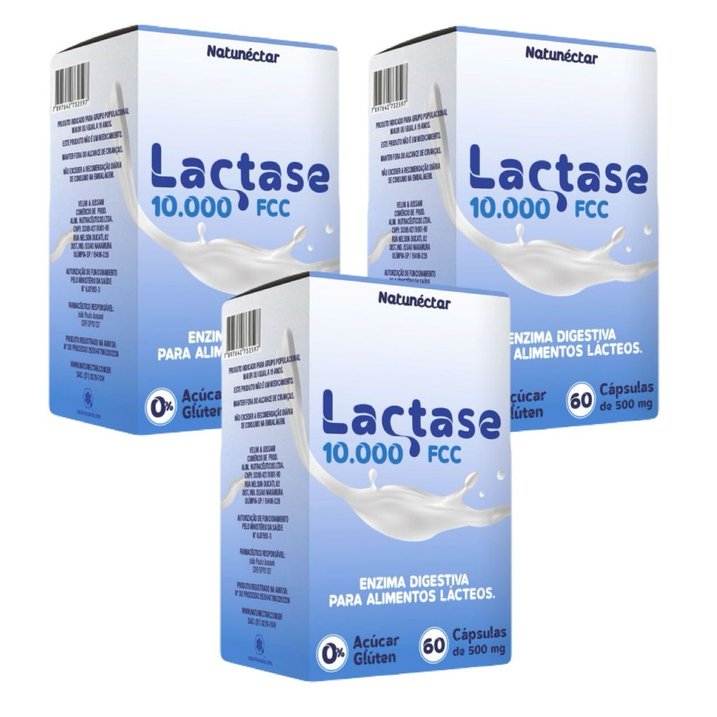 3x Lactase 10.000fcc- Enzima Lactase - 60 Cáps - Natunéctar