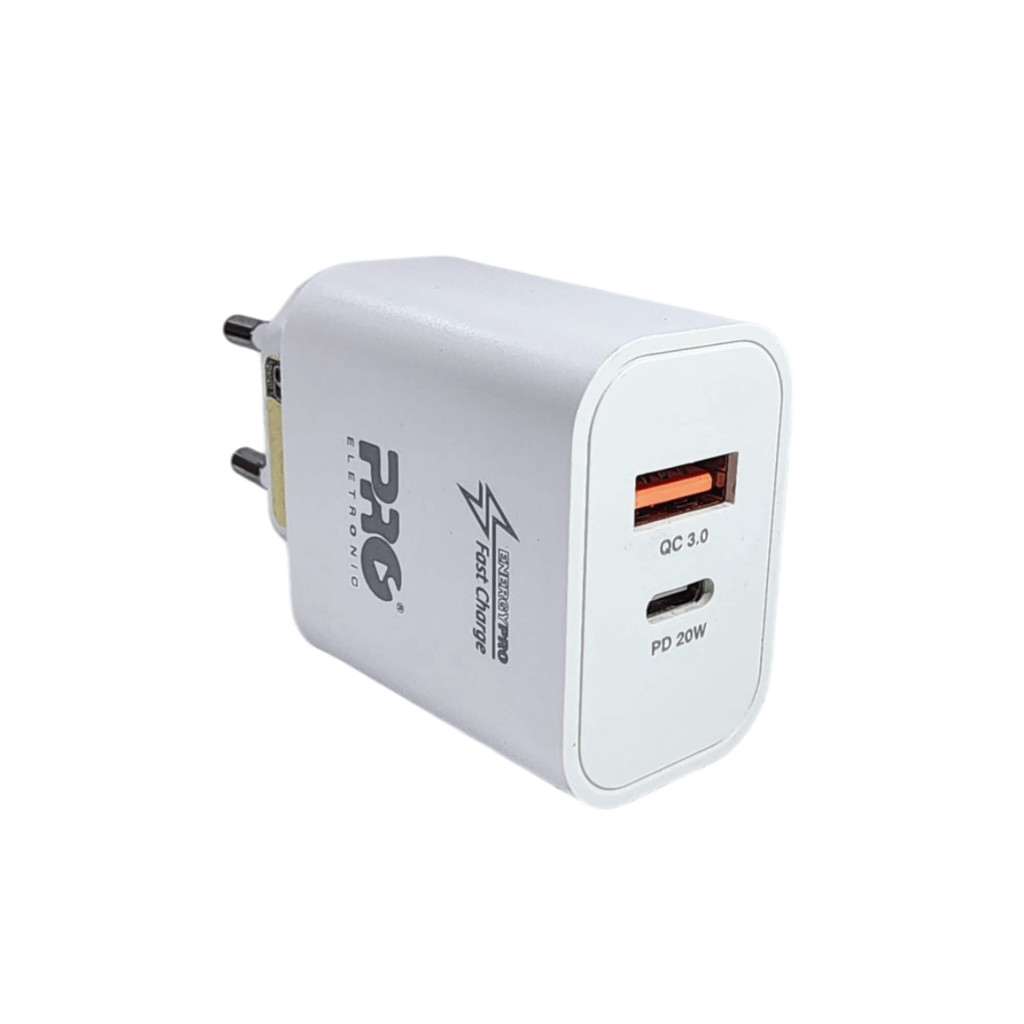 Carregador Rápido 20W QC 3.0 + PD USB e Tipo C iPhone Android Celular - Pro Eletronic PQCA-1000