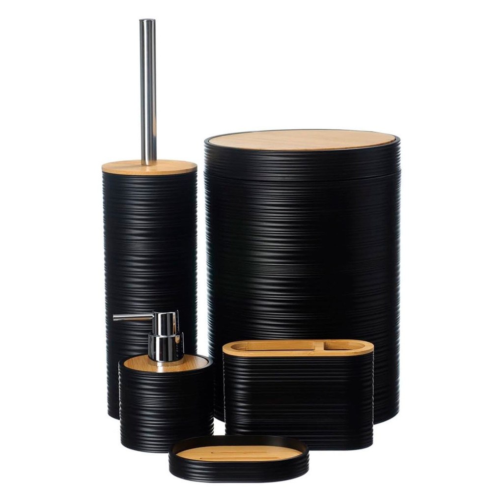 Kit Para Banheiro 5 Peças Linea Preto Plástico e Bambu Lixeira Porta Sabonete Escova Sanitária