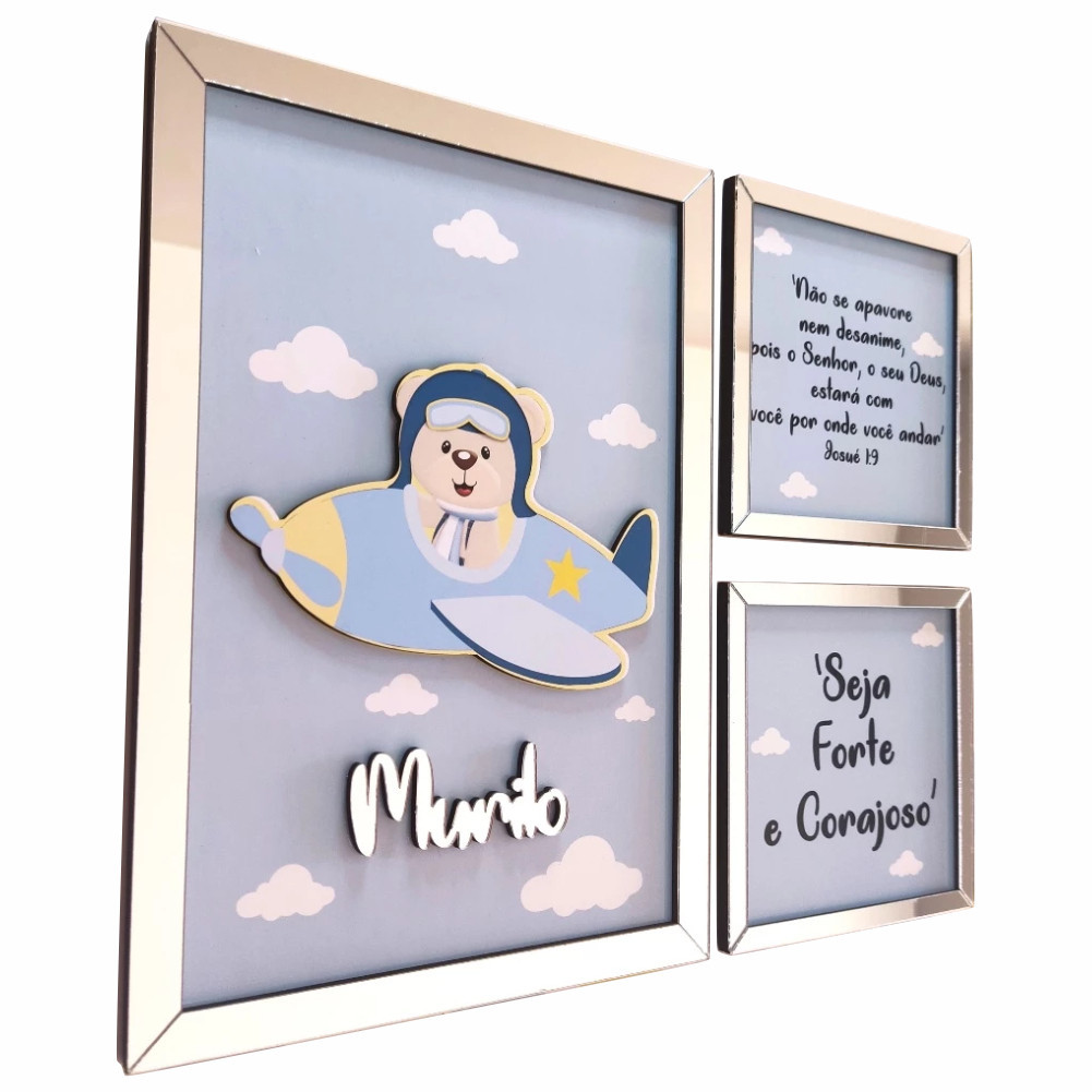 Kit 3 Quadros Personalizado Com o Nome Menino Quarto Baby Bebê Urso Aviador  Ursinho Aviador