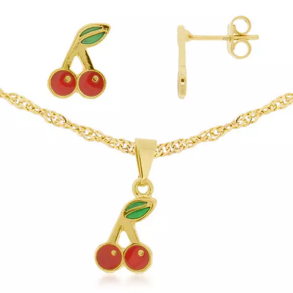 Conjunto Infantil Colar e Brincos Cerejas Cerejinhas Folheado a Ouro