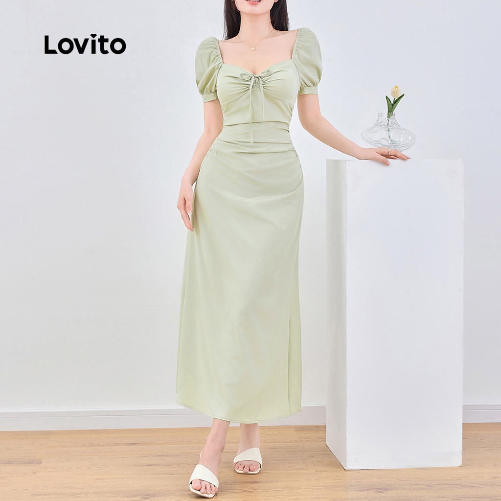 Lovito Vestido Casual liso plissado drapeado com cadarço para mulheres L132AD1043 - Women Clothes