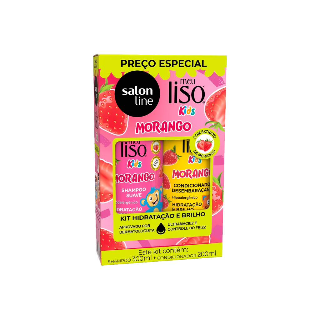 Kit Salon Line Meu Liso Kids Morango Shampoo + Condicionador Hidratação Brilho Hipoalergênico Vegano