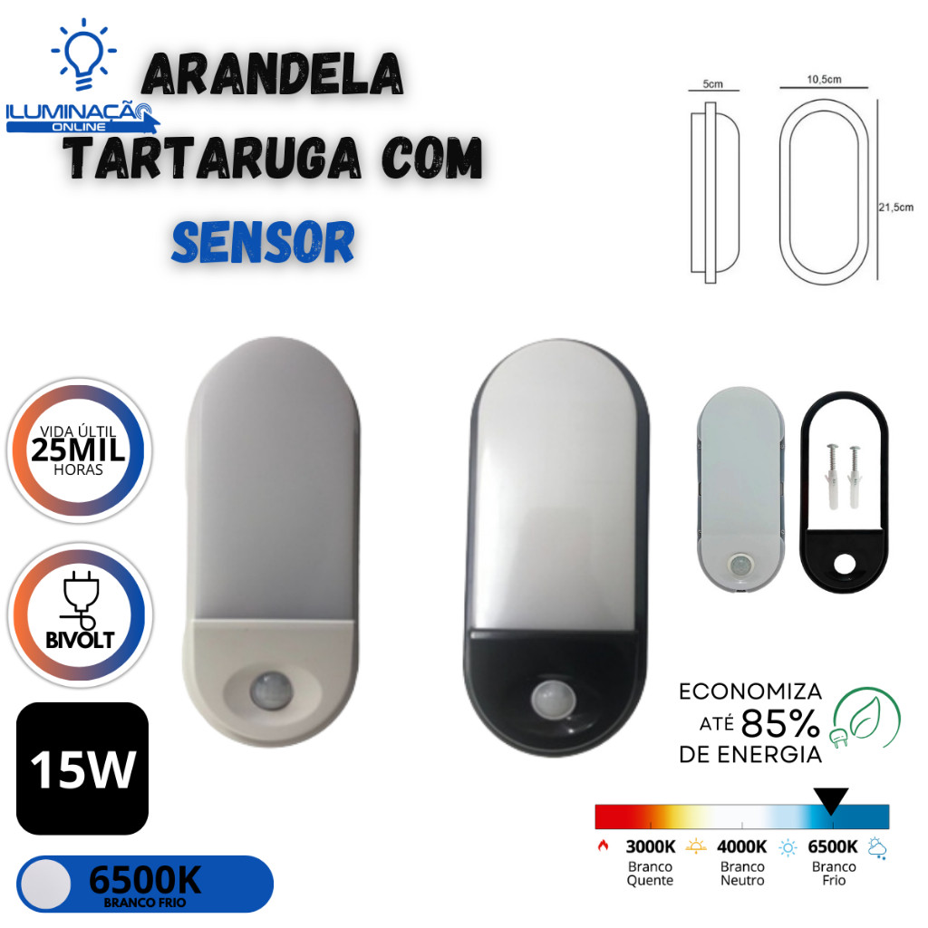 Arandela Luminaria Tartaruga Sensor Presenca Led Parede 15W Bivolt