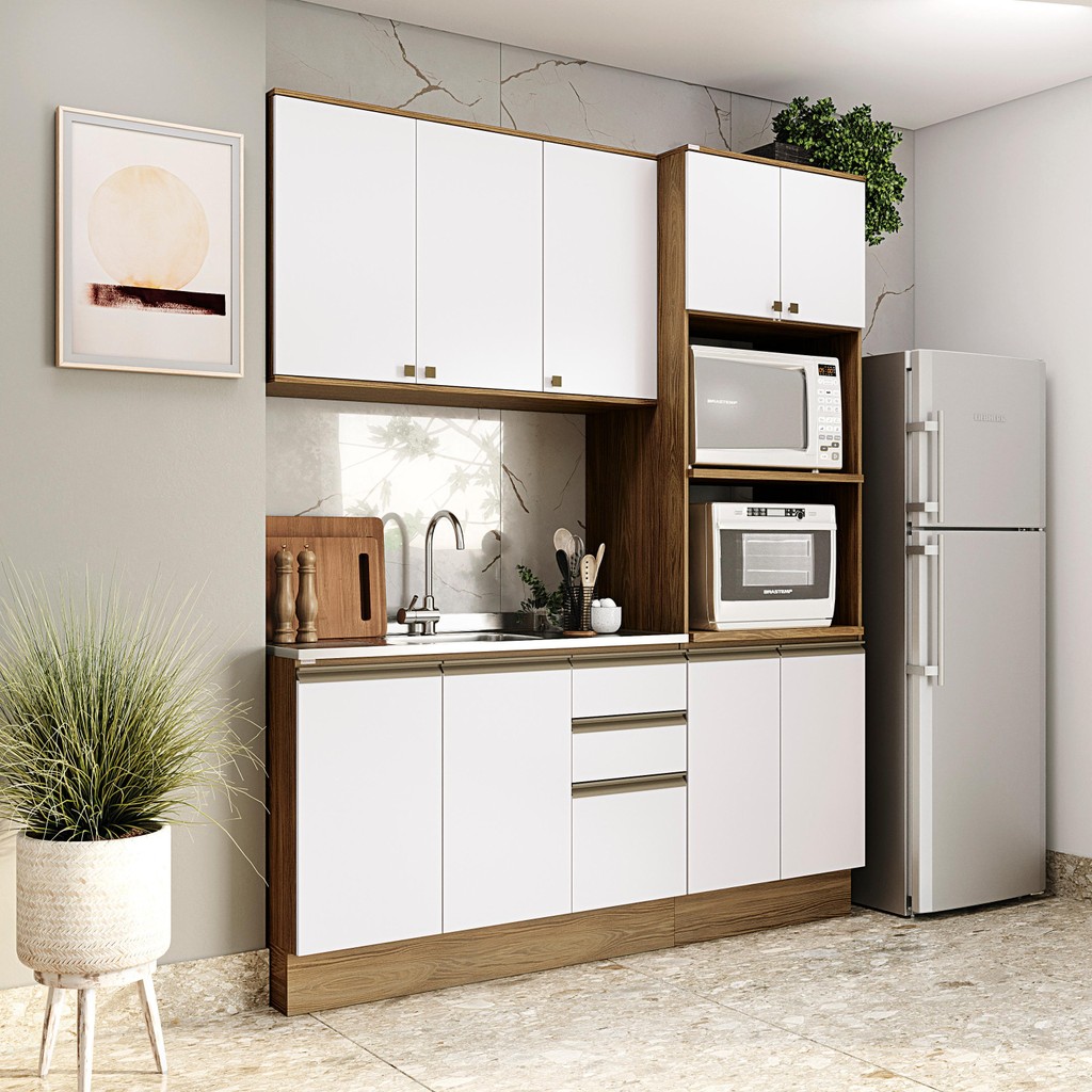 Cozinha Compacta Celeste Kappesberg 100% MDF Nogueira/Branco 190cm - Home & Living