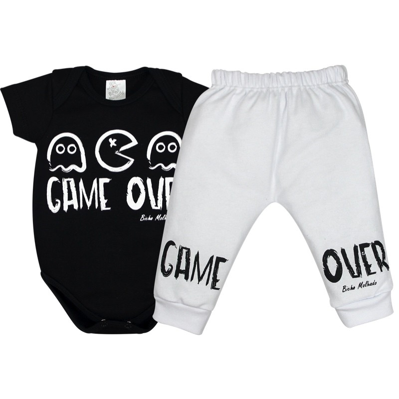 Conjunto Body Suedine Manga Curta Estampado + Calça Suedine Com Punho Estampa Game Over