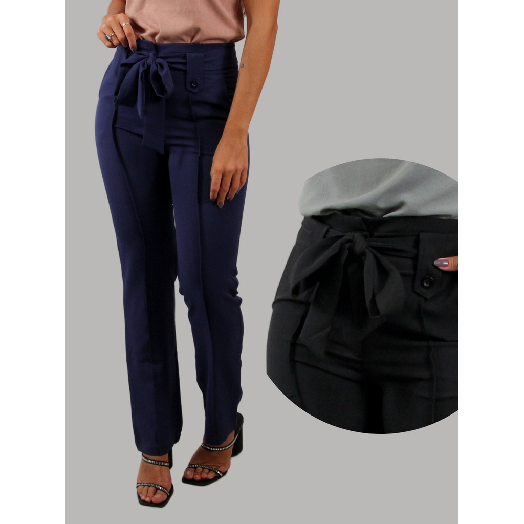 Calça Feminina de Alfaiataria com Cinto Longa Básica Estilo Office Escritório Cintura Alta