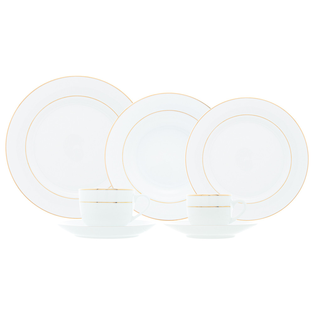 Aparelho de Jantar/Chá e Café de Porcelana Branca C/Filete Dourado Mônaco 42 Peças Wolff