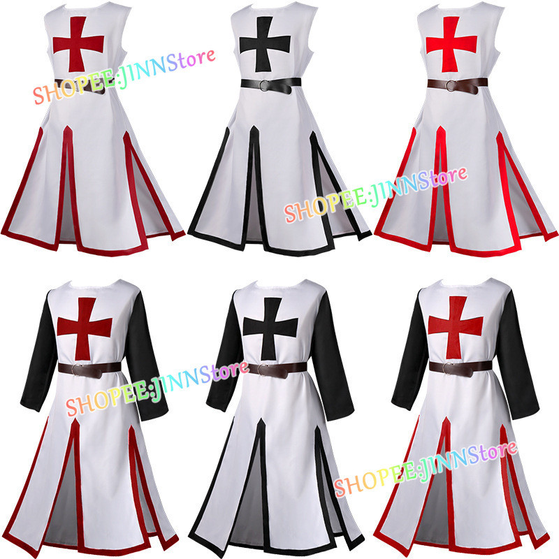 - JINN-Robes Medievais Masculinos Cavaleiro Templário Cosplay Crusader Sobrecoat Longo Manga Curta Top Traje De Reagniçã