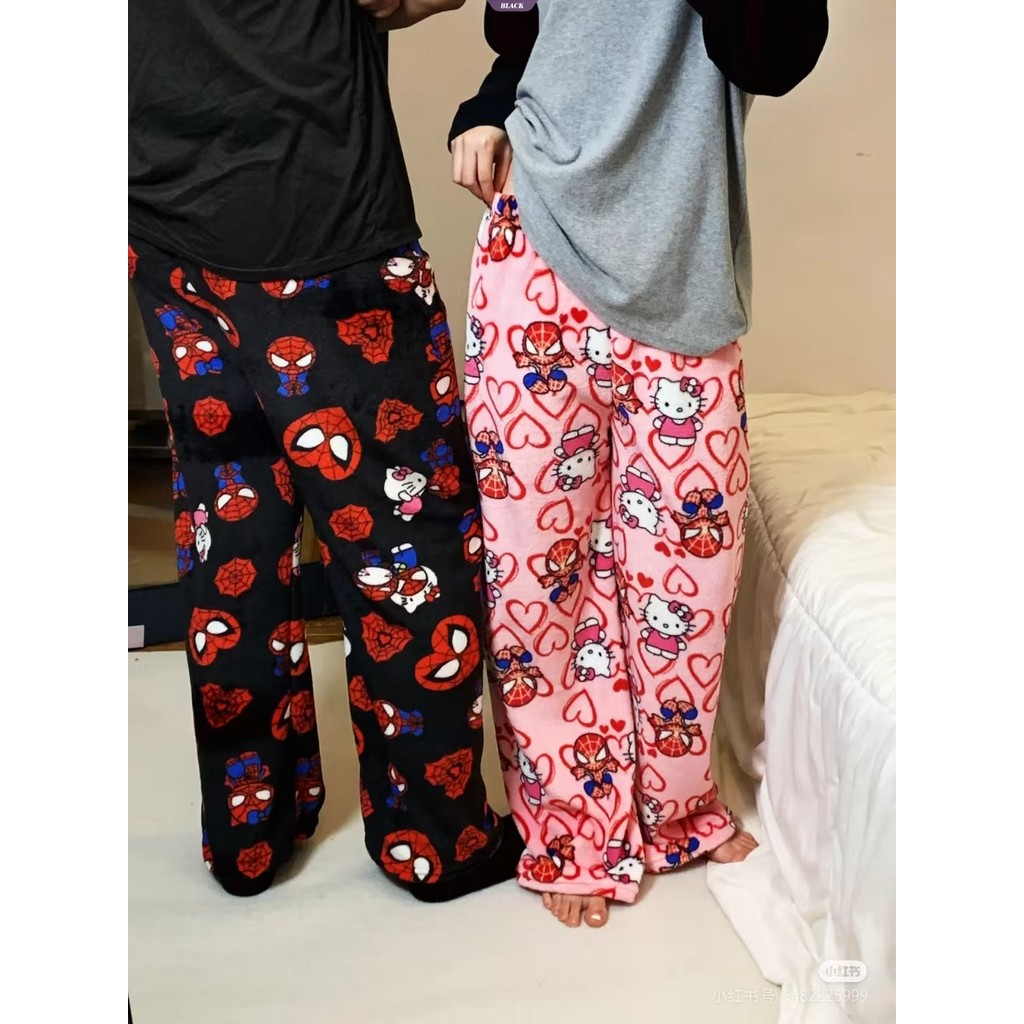 Hello Kitty Homem-Aranha Anime Flanela Pijama Calças Soltas Lazer Casa Macias E Confortáveis De Casal [BL]