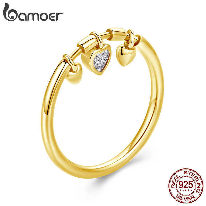 Bamoer 925 Sterling Sliver Anel Coração Cor Dourada Requintada Moda Joias Presentes Para Mulheres