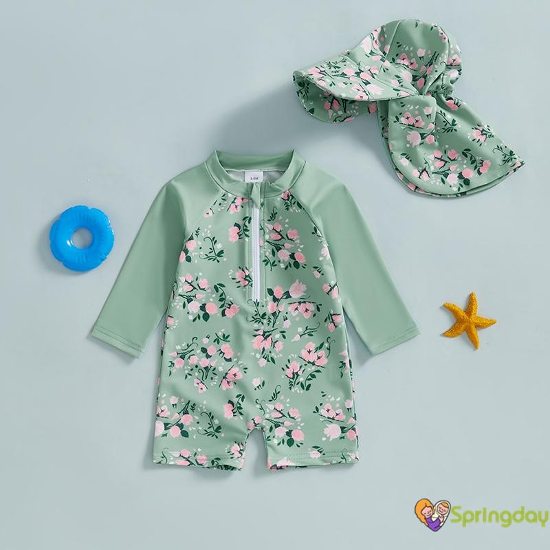Maiô de Manga Longa para Bebês Meninas Estampa Floral Zíper Roupa de Banho com Chapéu,0-4 Anos em Oferta na Shopee
