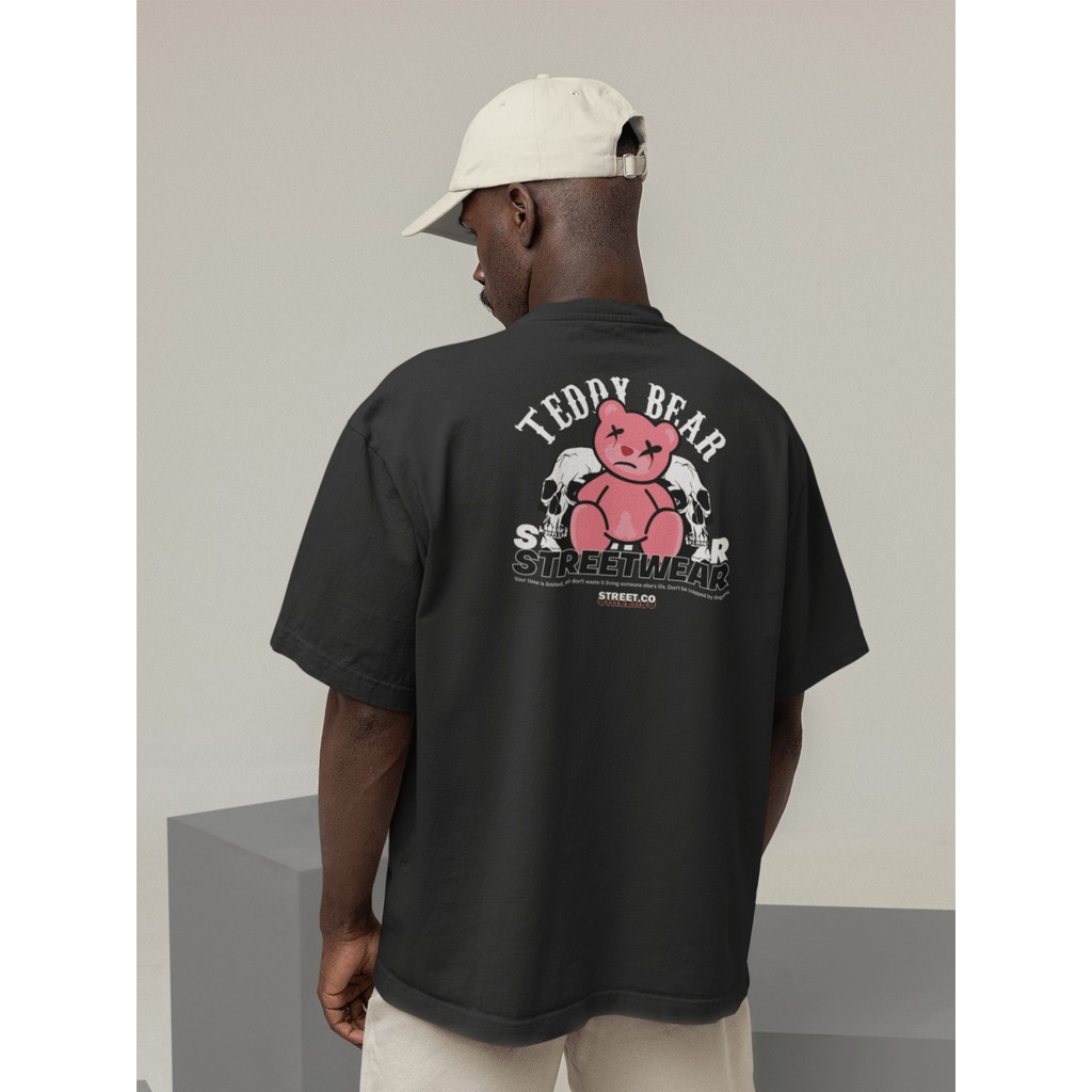Camisa Camiseta Oversized Streetwear Masculino Urbano Treino Preto e Off Whte Estampado - TEDDY BEAR