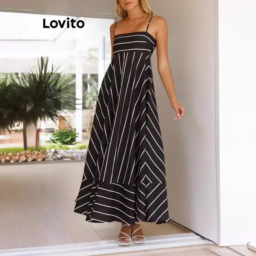 (KOL‘s pick) Lovito Vestido elegante listrado com estrutura estruturada para mulheres LNL72385 - Women Clothes