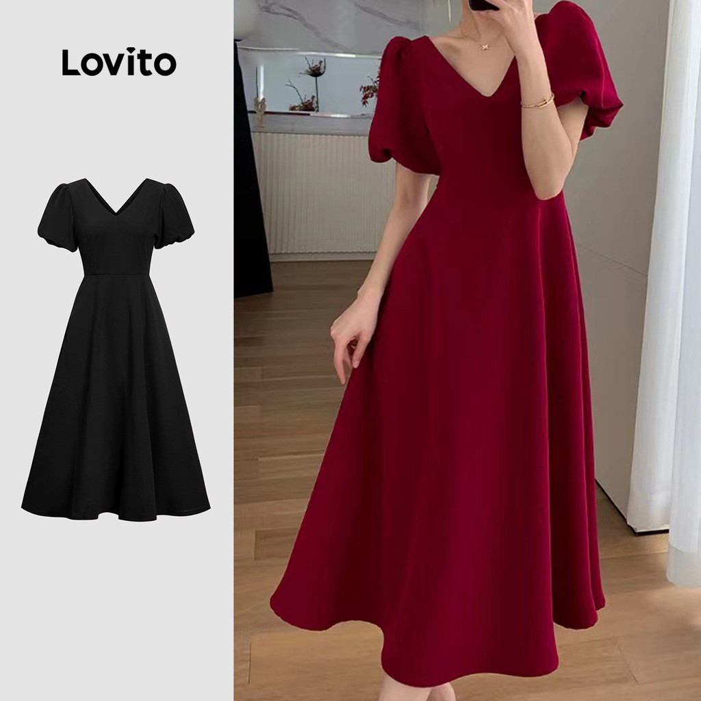 Lovito Vestido Elegante Liso Com Decote Em V Manga Curta Vestido Midi Evasê Para Mulheres LNE09088 (Multicolorido) - Women Clothes