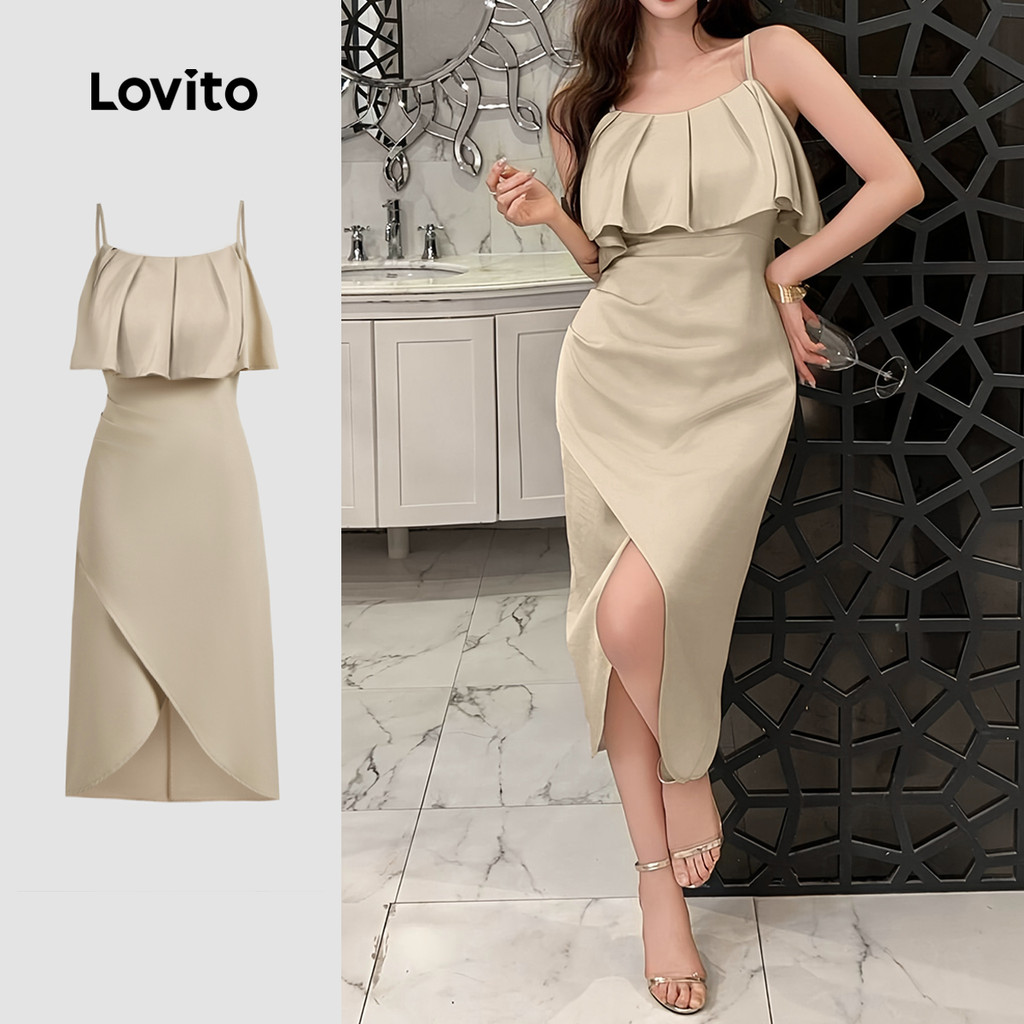 Lovito Vestido Casual liso assimétrico de camada dupla para mulheres L131ED594 em Oferta na Shopee