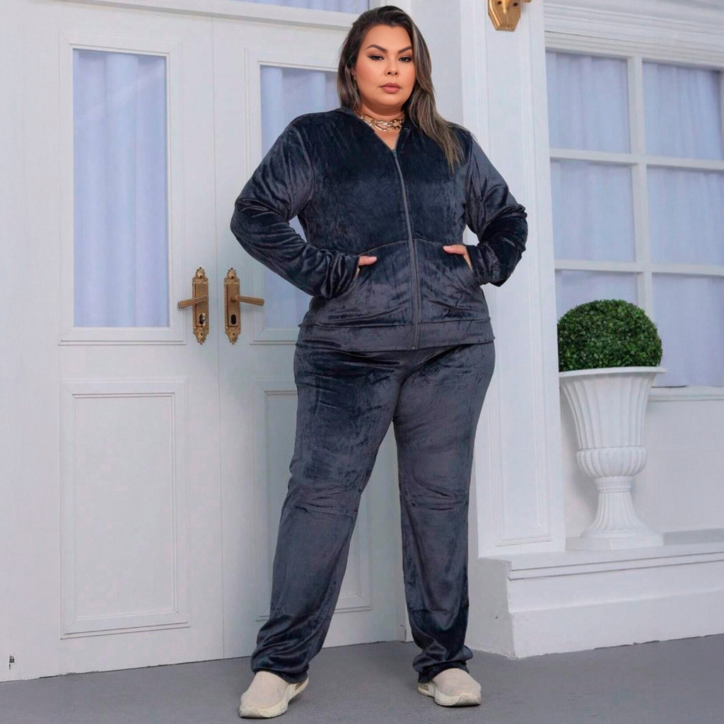 Conjunto Veludo Feminino Moletom Malha Plush Longa Plus Size
