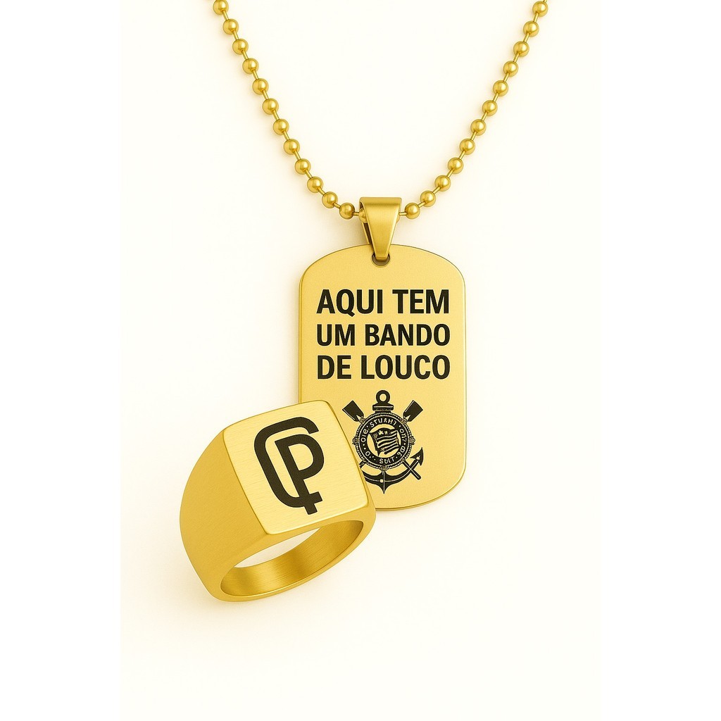 anel corinthians kit anel simbolo CP e corrente 60cm banhado + gravação nome