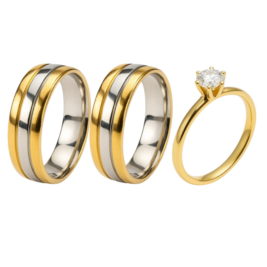 Par Alianças 6mm Banhado Ouro 18k Friso Prata + Anel Solitário 2mm Ouro 18k Zirconia Branca Casamento Noivos em Oferta na Shopee
