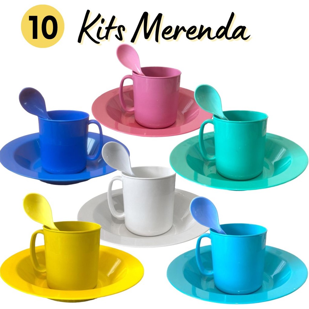 10 Canecas + 10 pratos + 10 Colheres plastico copo fundo talher reforçado color microondas escola