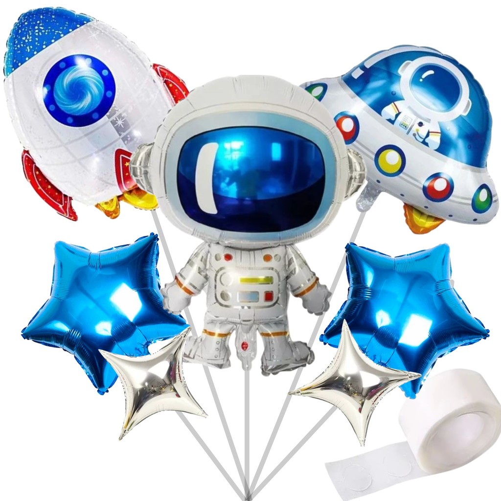Decoração Astronauta: Balão Metalizado Astronauta + Foguete + Disco Voador + Estrelas 4 Ponta - Kit Festa Astronauta