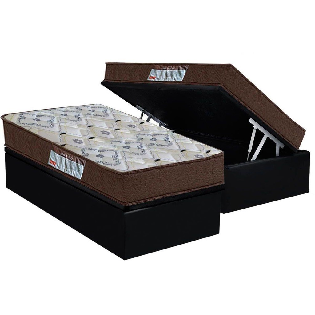 Cama Box Baú Solteiro: Colchão Anatômico Ortobom D45 / ISO 150 Mega Firme + Base CRC Suede Black(88x188) em Oferta na Shopee